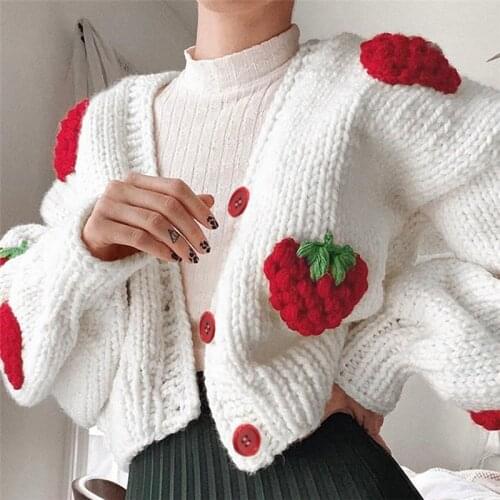 Plush soft strawberry knit Womens sweater oversize Kawaii y2k Coat Lantern sleeve Sexy Show waist winter Cardigan for women