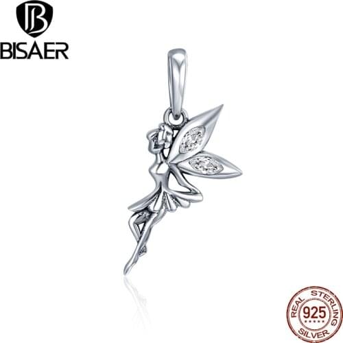 Real 100% 925 Sterling Silver Flower Fairy, Angel Feather Pendants Charms Fit Bracelet BISAER Silver 925 Original Jewelry
