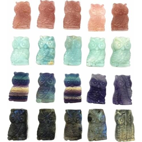 Drop Shipping 1PC Natural Labradorite Strawberry Amazonite Fluorite Owl Hand Made Carved Animal Natural Stones and Crystals