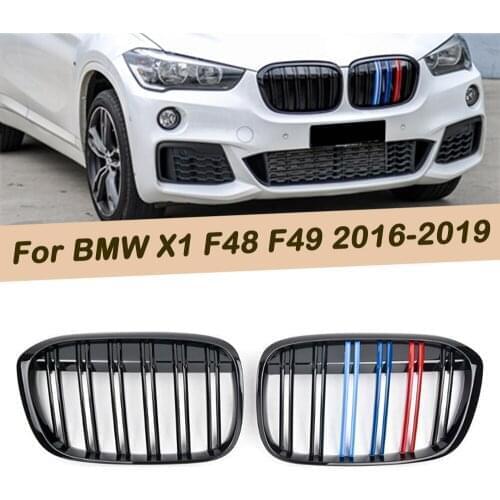 1Pair Dual Slat Car Front Bumper Grills Kidney Grille For BMW X1 F48 F49 2016-2019 Glossy Black M Color 51117383363 51117383364