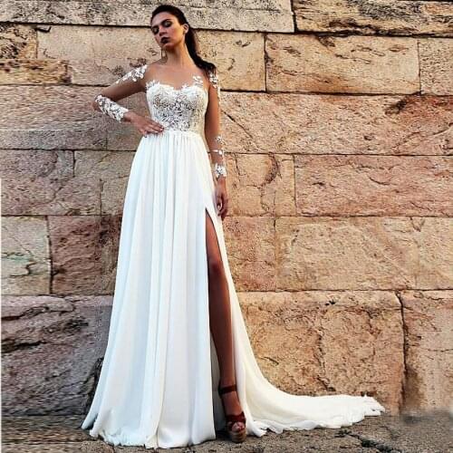 Attractive Chiffon Sheer Jewel Neckline A-line Wedding Dress Front Slit Long Sleeves Bridal Dress