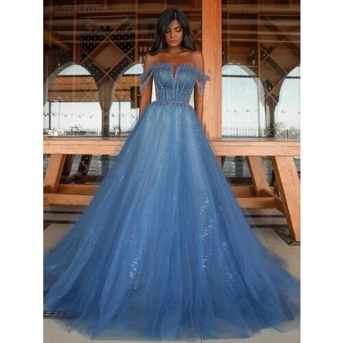 Light Blue Tulle Glitter Beaded Prom Dresses 2020 Off Shoulder Formal Evening Dress Sleeveless Robe De Soiree
