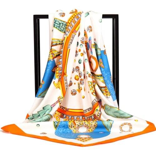 Spring and Autumn Shawl Womens Fashion Feather Color Gem Twill Satin Print Scarf 90*90cm Female Sex Square Scarf