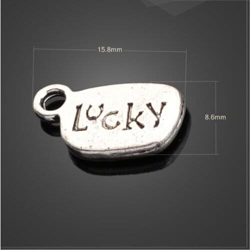 High Quality 50 PCS/Lot 8.6mm*15.8mm antique silver plated Small Lucky Word Gamble Charm Lucky Charms