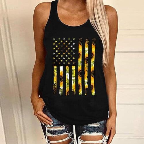 Women Oversized Plus Size Casual T-shirt O Neck Sleeveless US Flag Sunflower Leopard Top Vest Female Tops Street TShirt оверсайс