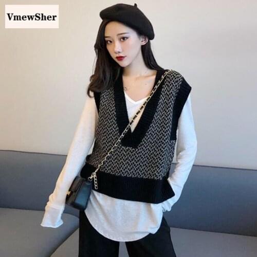 VmewSher Women Sleeveless Sweater Pullover Vest Autumn 2021 Preppy Style Vintage Stylish Color Block V Neck Knitted Jumper Top