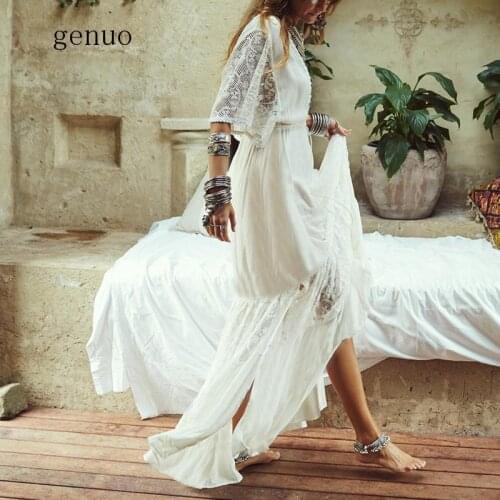 Cotton Maxi Dresses New Lace Patchwork Bohemian Long Dress V Neck Short Sleeve Plus Size Holiday Beach Dress Vestidos
