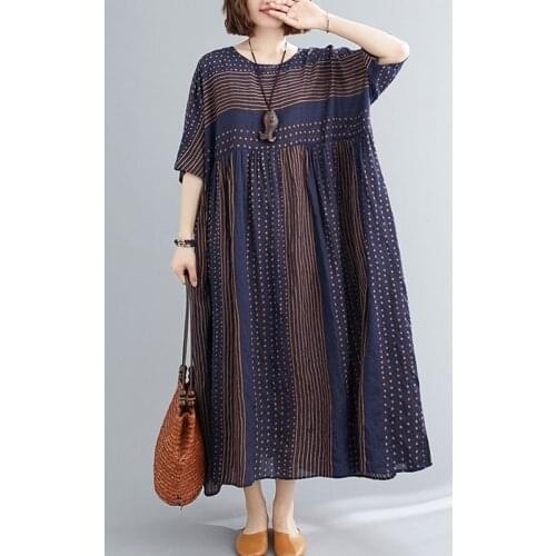 Oversized Women Cotton Linen Long Dress New Arrival 2021 Summer Simple Style Vintage Striped Loose Female Casual Dresses S2909