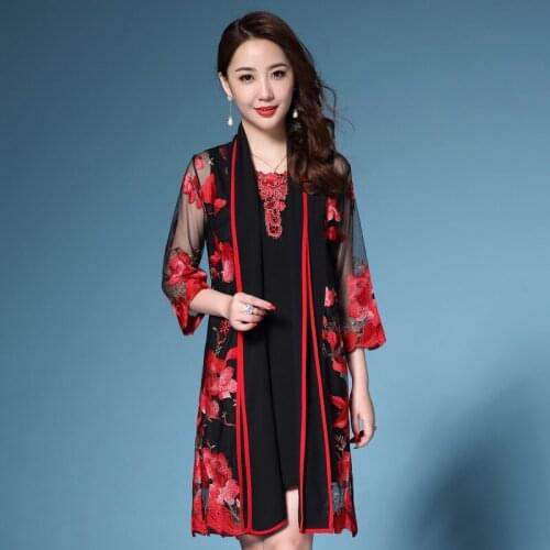 New Spring Autumn Floral Dress Women Elegant Vintage O-neck 3/4 Sleeve Straight Party Mini Dresses Vestidos Plus Size