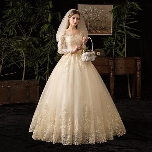 New Champagne Wedding Dress Luxurious Full Sleeves Pleat A-Line Floor-Length Embroidery Plus Size Wedding Gowns For Women G182