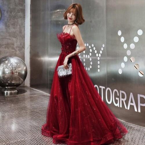 2020 New Fashion Sexy Sleeveless Evening Dress Spaghetti Strap V-neck a Line Organza Formal Dress Wine Red Banquet Party Dresses