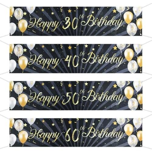 180x38.5cm Birthday Banners Black Gold Happy 30 40 50 60th Birthday Party Decoration for Home Indoor Out Door Wall Hanging Decor