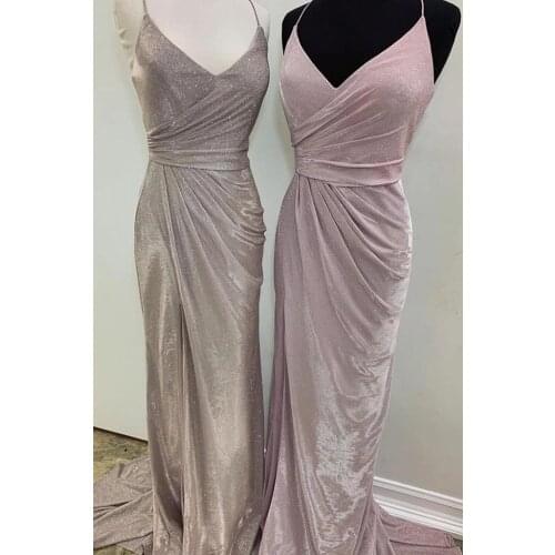 2021 Long Glitter Mermaid Prom Dresses Sleeveless Spaghetti Straps V Neck Split Side Formal Evening Party Gowns Robe De Soiree