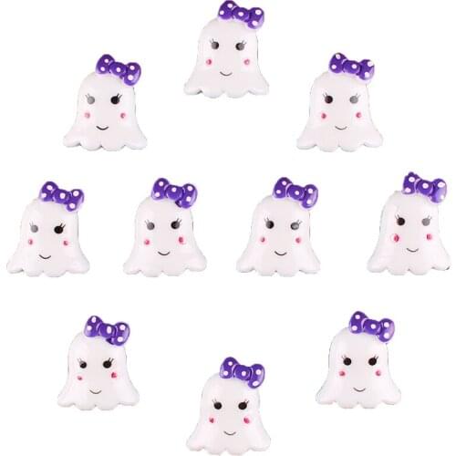 50pcs Cute Halloween Cute Ghost w/ Purple Bow Resin Scrapbooking Hair Bow Center Crafts Embellishment Flatback Charms Cabachons