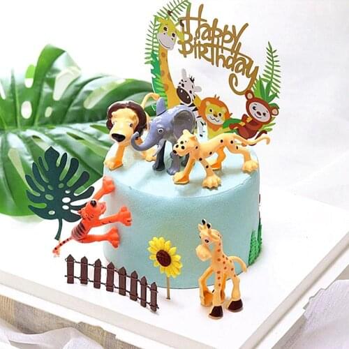 6pcs/set Animal Ornaments Cake Topper Forest Zoo Theme Giraffe Lion Birthday Party Childrens Day Cake Dessert Cupcake Decor