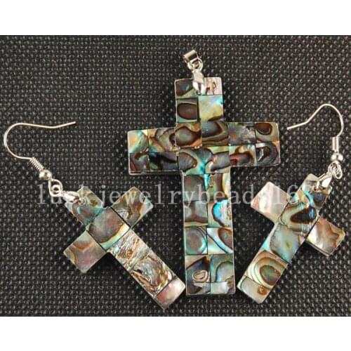 Free Shipping Women Fashion Jewelry New Zealand Abalone Shell Cross Earring Pendant 1Set C3280