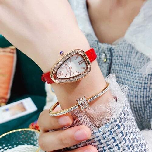 Luxury Womens Watch Mother-Of-Pearl Diamond Watch Crystal Snake Shaped Clock Fashion Steel Belt Waterproof Ladies Wrist Watches