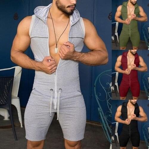 Men Hooded Bodysuit Shorts Sleeveless Hoodies Undershirts Leotard Zipper Wrestling Singlet Jumpsuit Rompers Summer Streetwear