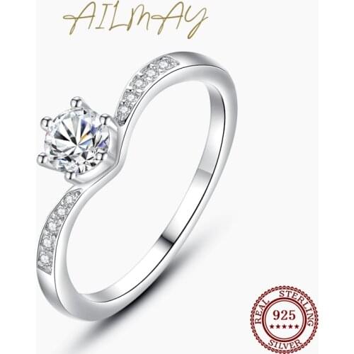 Ailmay New Arrival Real 925 Sterling Silver Round Cubic Zirconia CZ Ring For Women Wedding Statement Fine Silver Jewelry