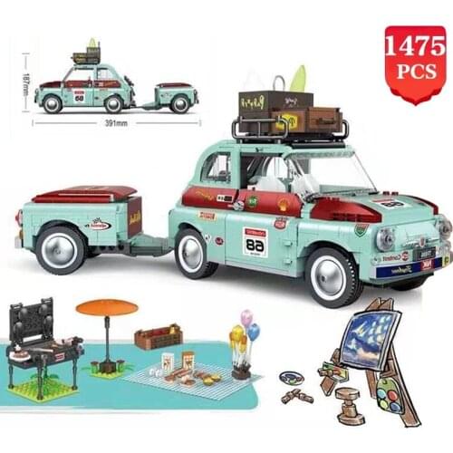New MOC Technical Green Tourist Picnic Car Building Blocks Creative Expert Holiday Vehicle Model Bricks Gifts Toys for Children