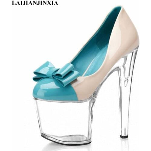 LAIJIANJINXIA New 20cm High Heel Platform Women Pumps Chunky Thick Spike Glitter Sequined Cloth Bling Wedding Party Dress Shoes