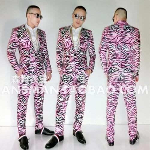 2020 mens singer stage Magic color Sao Pink zebra pattern suit costume DJ costumes suits Two-piece suit