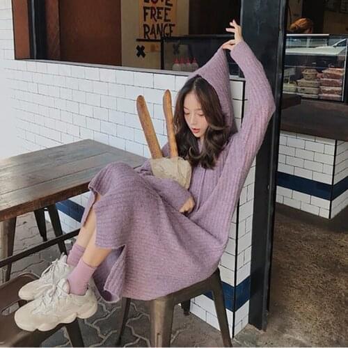 Autumn Winter Hooded Sweater Dress Women Harajuku Knitted Long Dress Female Thick Warm Knitwear Full Sleeve Vestidos 2020