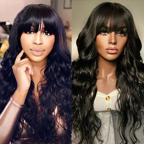 28inch 180% Full Density Wavy Human Hair Machine Wigs with Bangs Glueless Brazilian Remy Hair Silk Base Scalp Wigs