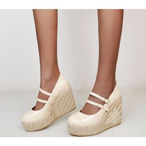 Spring Female Wedges Platform High Heel 2021 New Round Toe Pumps Womens Mary Jane Shoes Women Flax Hemp Canvas Heels Mujer