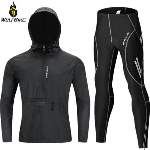 WOLFBIKE Hooded Jacket Cycling Set Thin Tight Trousers Suit Long Sleeve Windproof MTB Bike Jersey Clothing Kit Bicycle Wear