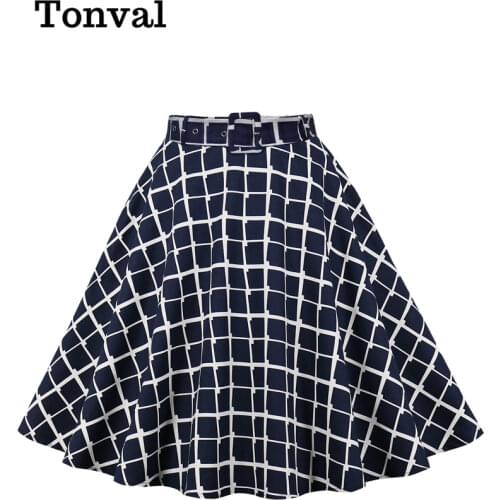 Viifaa Plaid High Waist Vintage A Line Swing Skirt Women Navy Blue Elegant Pocket Side Knee Length Y2K Cotton Skirts 2021