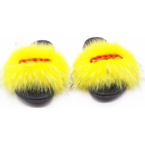 Womens Summer Slippers 2021 New Real Fox Raccoon Fur Cute Fluffy Furry Red Chain Decoration Indoor Flat Slides Sandals TX35