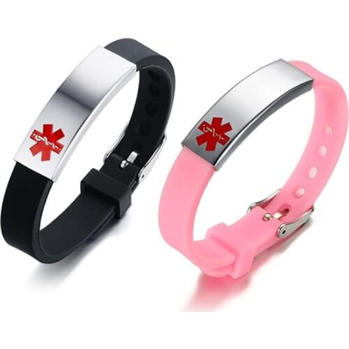 Women Medical Alert ID Bracelet Bangle Black Pink Silicone Bracelet for Women Lady Girl Jewelry