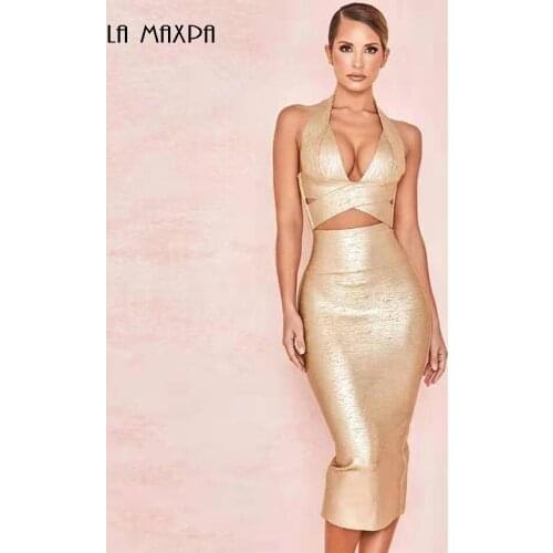 2020 New Fashion Autumn Sexy Hanging Neck 2 Piece Set Gold V-Neck Bodycon High Waist Bandage Christmas Dress Celebrity Party
