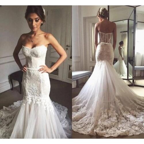 Vintage Sweetheart Mermaid Wedding Dresses 2020 vestido de novia Applique Lace Wedding Gowns Sweep Train Handmade Bride Dress