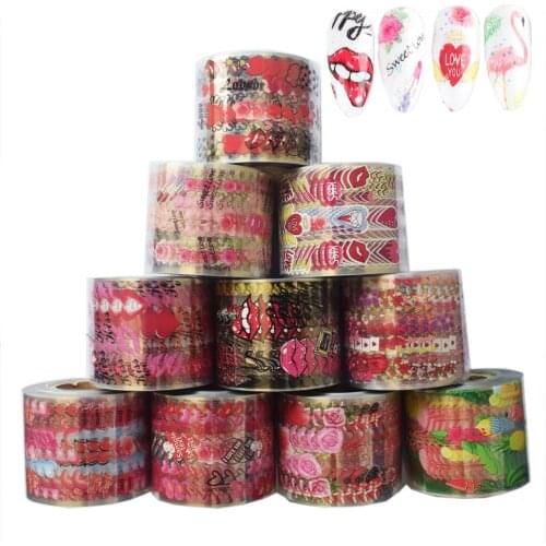 10Rolls Flower Love Heart Nail Foil Sliders Set 50M*4cm Flamingo Lip Rose Design Adhesive Transfer Nail Art Polish Wraps Decals