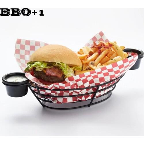Non-stick Coating Black Iron Oval Serving Basket with 2pcs Sauce Cups Bread Salad Cake Hamburger Chicken Snack Stand Restaurant