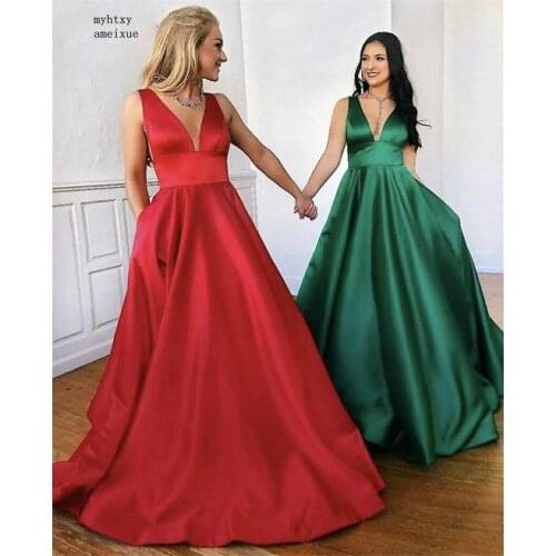 V-neck Sleeveless Sexy Floor Length Satin Pleated Evening Dresses With Zipper Back De Fiesta De Noche Cheap Brides Maid Dresses