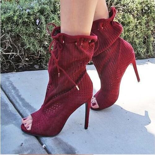 Fashion Burgundy Apricot Suede Perforation Peep Toe Ankle Boots High Heel Bandage Boots Woman Gladiator Outfit Short Booties