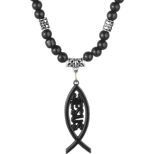 Retro JESUS Letter Fish Symbol Natural Stone Beads Chains Pendant&Necklaces for Men Vintage Jewelry Womens collars MN224