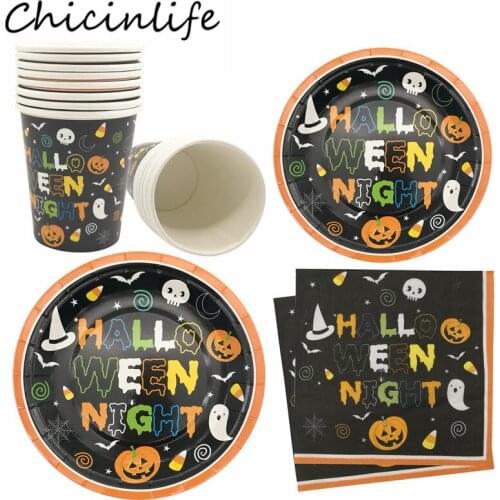 Chicinlife Halloween Disposable Tableware Paper Plates Cups Napkins With Pumpkin Ghost Bat Skull Happy Halloween Party Supplies