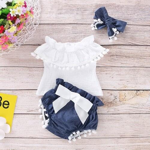 Children Clothes Baby Girls Clothing Newborn Baby Girl Sleeveless Tassels Tops+shorts+headband Cotton Set Outfit 3pcs Outfit Set