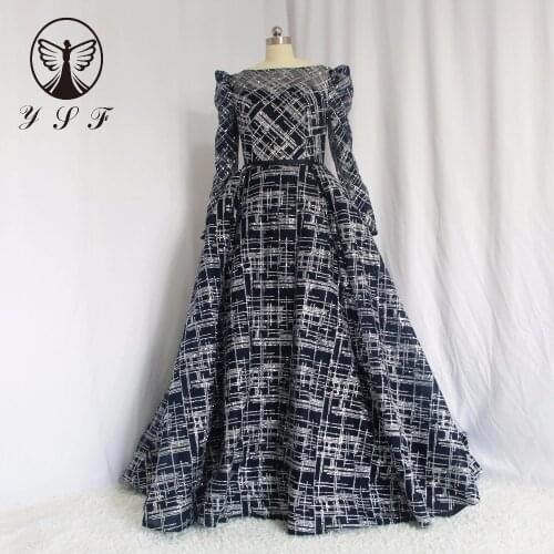 Designer Dark Navy Boat Neck Puffy Long Sleeve Backless Pleated A Line Bling Bling Evening Dresses 2018