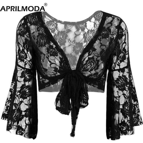 Elegant Women Black White 2020 Lace Ladies Wedding Party Long Flare Sleeves Shrug Cropped Jacket For Evening Formal Prom