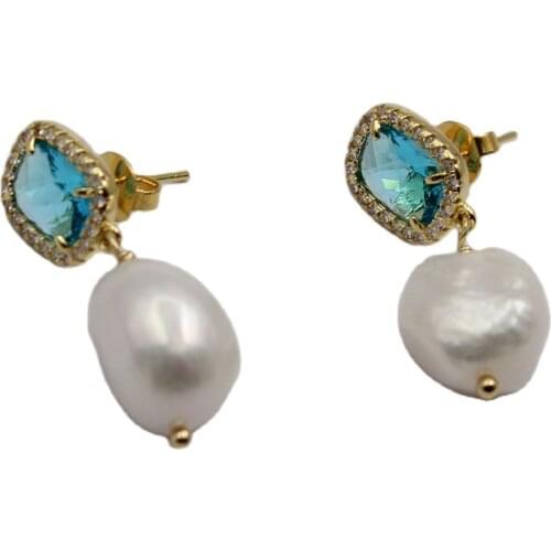 GG Jewelry Natural White Baroque Pearl Blue Square Cat Eye Crystal Earrings