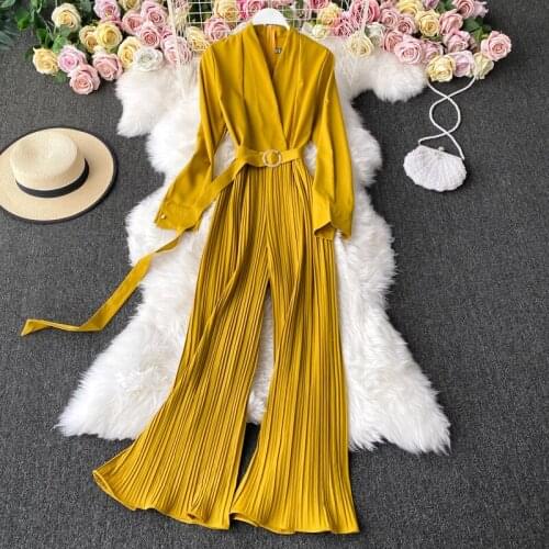 Rompers Women Jumpsuit New 2020 Autumn Winter Long Sleeve Solid Pleated Wide Leg Jumpsuit Fashion Ladies Elegant Bodysuit Korean