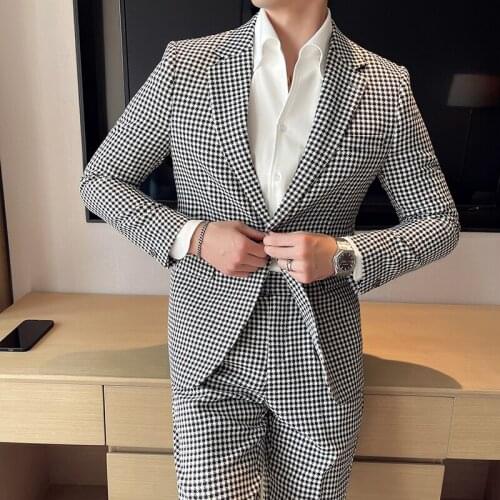 Classic Houndstooth Slim Fit Men Suit Business Formal Casual Suits 2 Pieces Blazer Trousers Office Work Party Prom Costume Homme