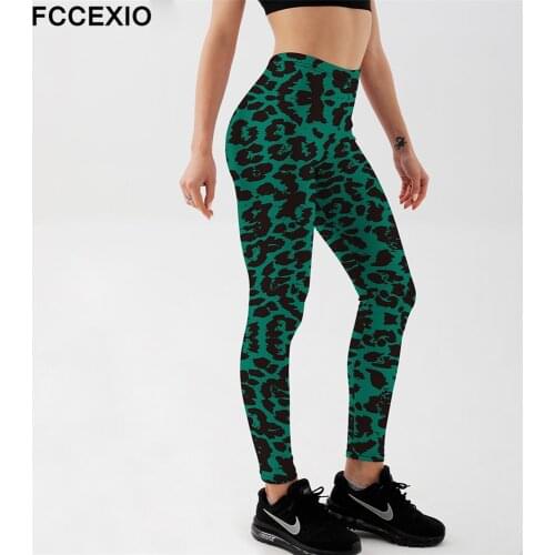 FCCEXIO New Leggings Fashion Green Leopard Grain Print Legings Women Elastic Fitness Leggins Mid Waist Trouser Skinny Sexy Pant