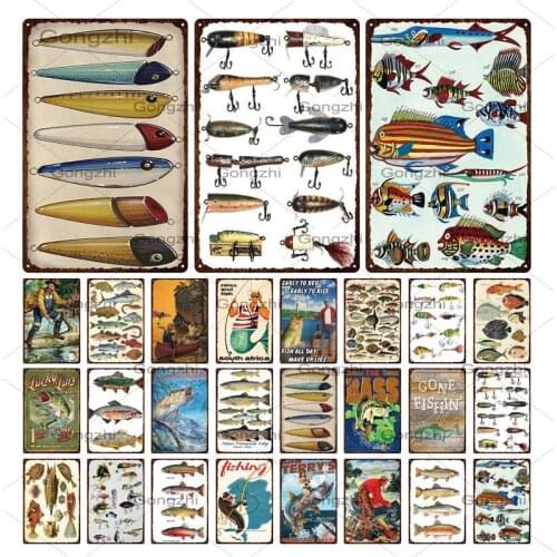 Fishing Metal Poster Plaque Sea Fish Vintage Tin Sign Kitchen Restaurant Decoration Home Wall Art Decor Iron Painting 20x30cm