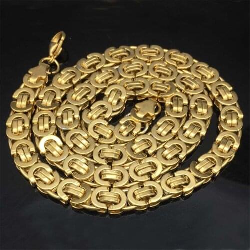 5pcs/lot 8.5MM Mens Chain Gold tone Necklace Flat Byzantine Stainless Steel Chain Necklace